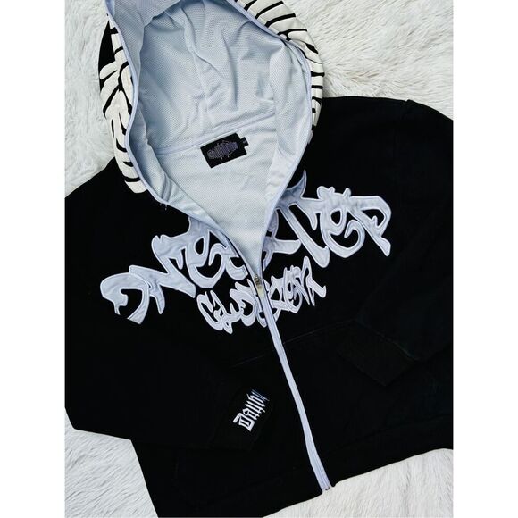 Y2K Black SZ S Irregular Pattern Gothic Punk Full Zip-Up Hoodie Jacket - Picture 7 of 15